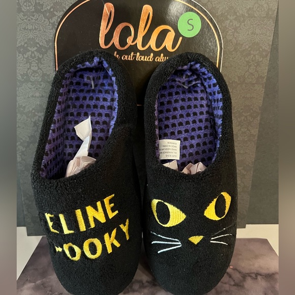 Halloween Black Cat Slippers Feline Spooky Size Small 5-6 Purple Kitties Lining - Picture 4 of 9